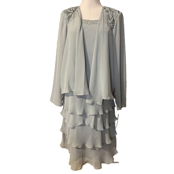 SLNY Jacket & Dress 14 Aloe Blue Ruffled Party Wedding Cruise Flowy NEW - Picture 3 of 16